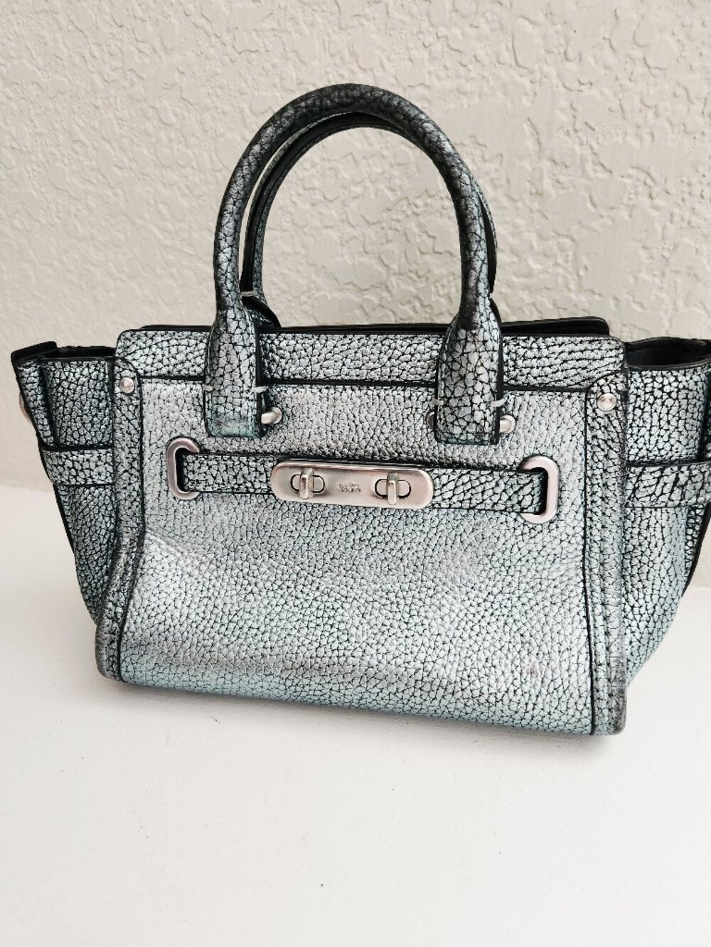 Coach Swagger Mini Blue Silver Metallic Satchel Purse Handbag
